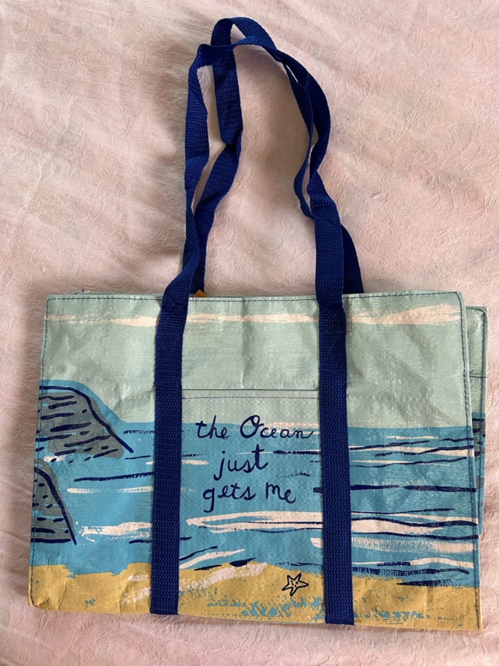Blue Q Light Blue Ocean Print Shoulder Tote with Blue Handles